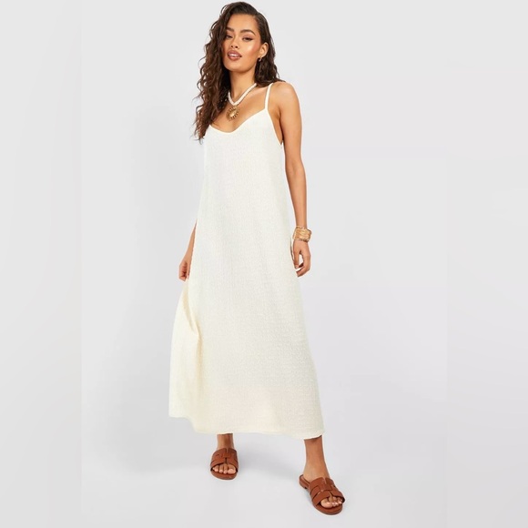 Boohoo Womens Trapeze Textured Midaxi Smock Dress | US 10 , UK 14 | Stone NEW!! - Picture 6 of 15